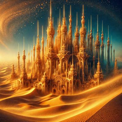 The primary subject of the image is a large, intricate, and ornate building with a gold and brown color scheme. The building is surrounded by a desert-like environment, giving it a sense of grandeur and prominence. The visual style of the image is a digital art or illustration, showcasing the intricate details of the building and its surroundings. The colors and mood of the image are warm and inviting, with the gold and brown tones evoking a sense of luxury and opulence.